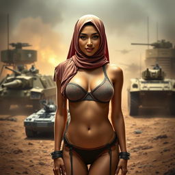 A striking image featuring a model wearing a skimpy two-piece bikini with a one-shoulder top and high-neck design, incorporating a hijab that highlights Islamic vibes