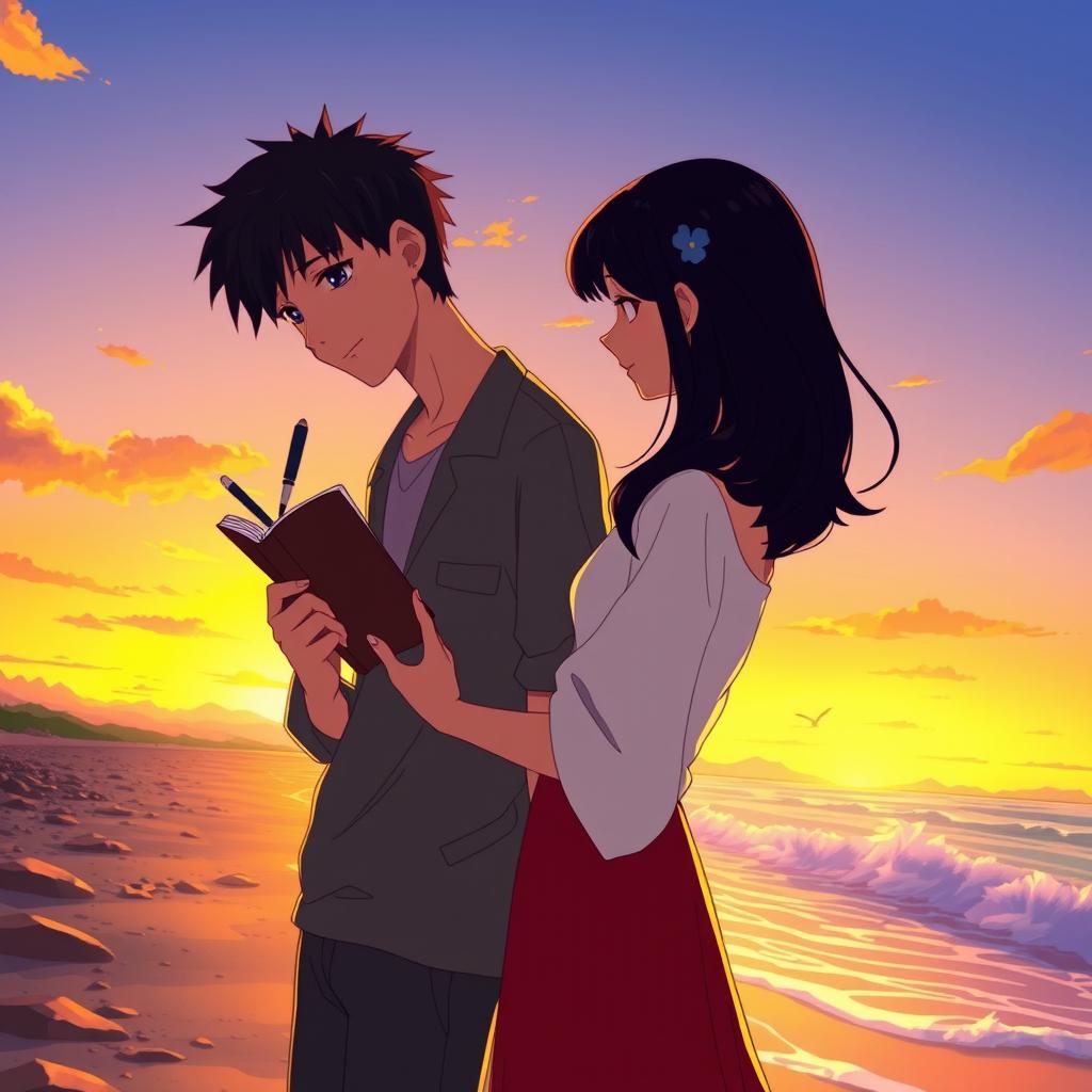 A romantic animated scene depicting the love story of two humans, Senja and Senji, set at sunset by the beach