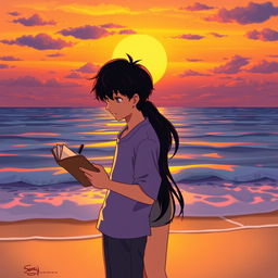 A romantic animated scene depicting the love story of two humans, Senja and Senji, set at sunset by the beach