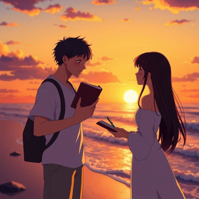 A romantic animated scene depicting the love story of two humans, Senja and Senji, set at sunset by the beach