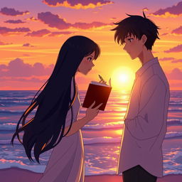 A romantic animated scene depicting the love story of two humans, Senja and Senji, set at sunset by the beach