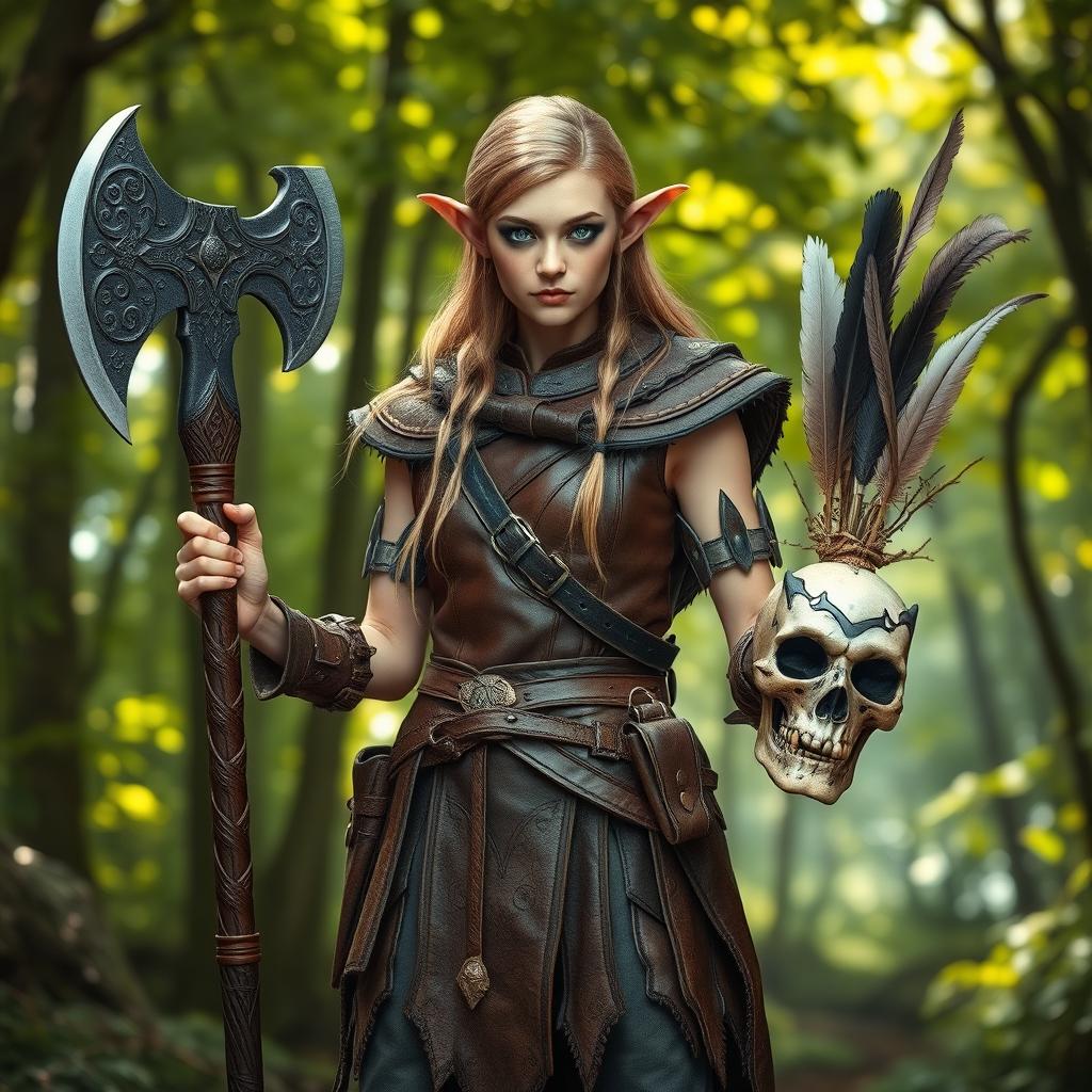 An elf druid standing proudly, wearing detailed leather armor that blends seamlessly with nature