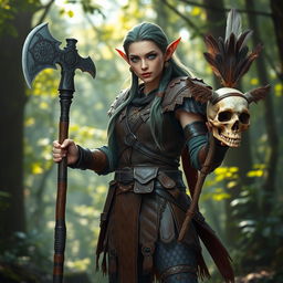 An elf druid standing proudly, wearing detailed leather armor that blends seamlessly with nature