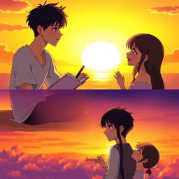 A romantic animated three-slide scene depicting the love story of two characters, Senja and Senji, set at sunset