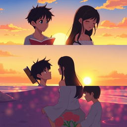 A romantic animated three-slide scene depicting the love story of two characters, Senja and Senji, set at sunset