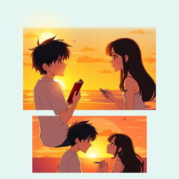 A romantic animated three-slide scene depicting the love story of two characters, Senja and Senji, set at sunset