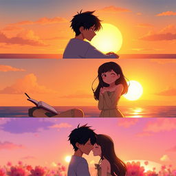 A romantic animated three-slide scene depicting the love story of two characters, Senja and Senji, set at sunset