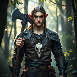 A male elf druid standing tall in a serene forest environment, wearing rugged leather armor that blends harmoniously with the natural surroundings