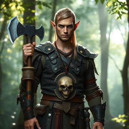 A male elf druid standing tall in a serene forest environment, wearing rugged leather armor that blends harmoniously with the natural surroundings