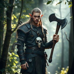 A male elf druid standing tall in a serene forest environment, wearing rugged leather armor that blends harmoniously with the natural surroundings