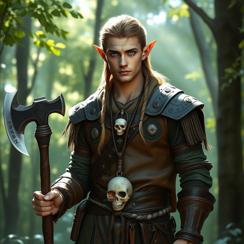 A male elf druid standing tall in a serene forest environment, wearing rugged leather armor that blends harmoniously with the natural surroundings