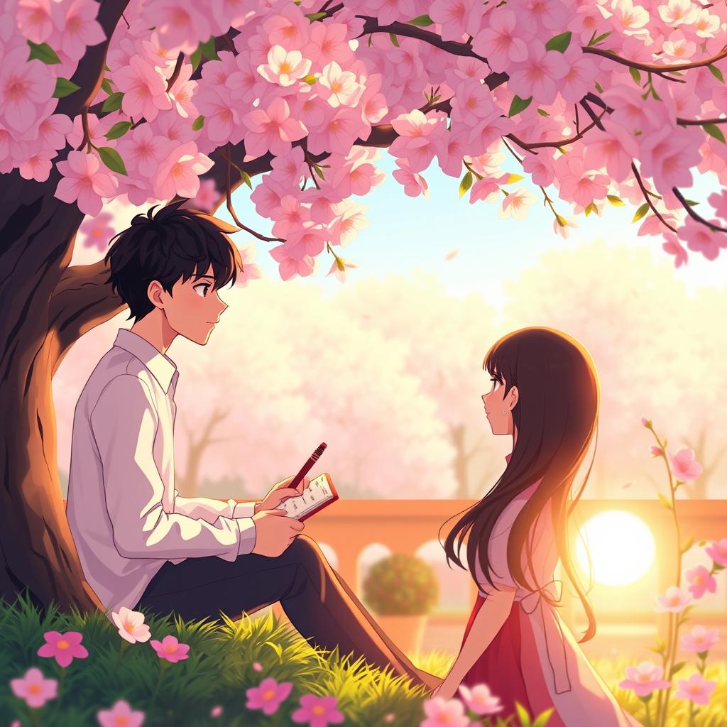 A romantic animated three-slide cover design depicting the love story of two characters, Senja and Senji, with a 16:9 aspect ratio