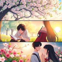 A romantic animated three-slide cover design depicting the love story of two characters, Senja and Senji, with a 16:9 aspect ratio