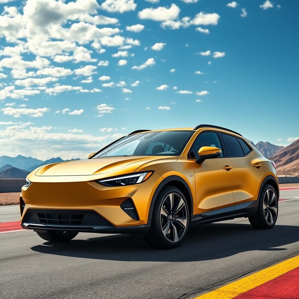 An imaginative image showcasing a fusion of the Corvette C8 and Volvo C40, crafted as a 4-door crossover utility vehicle (CUV) in an eye-catching matte gold finish