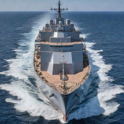 A close-up view of a large, majestic steel ship sailing independently in the vast azure ocean, demonstrating spectacular detail.