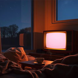 A cozy and nostalgic scene featuring a vintage television set displaying a static screen, surrounded by a dimly lit room at night