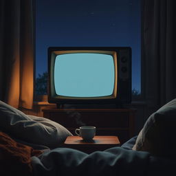 A cozy and nostalgic scene featuring a vintage television set displaying a static screen, surrounded by a dimly lit room at night