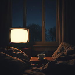 A cozy and nostalgic scene featuring a vintage television set displaying a static screen, surrounded by a dimly lit room at night