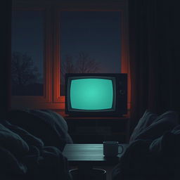 A cozy and nostalgic scene featuring a vintage television set displaying a static screen, surrounded by a dimly lit room at night