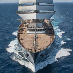 A close-up view of a large, majestic steel ship sailing independently in the vast azure ocean, demonstrating spectacular detail.