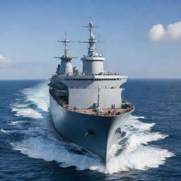 A close-up view of a large, majestic steel ship sailing independently in the vast azure ocean, demonstrating spectacular detail.