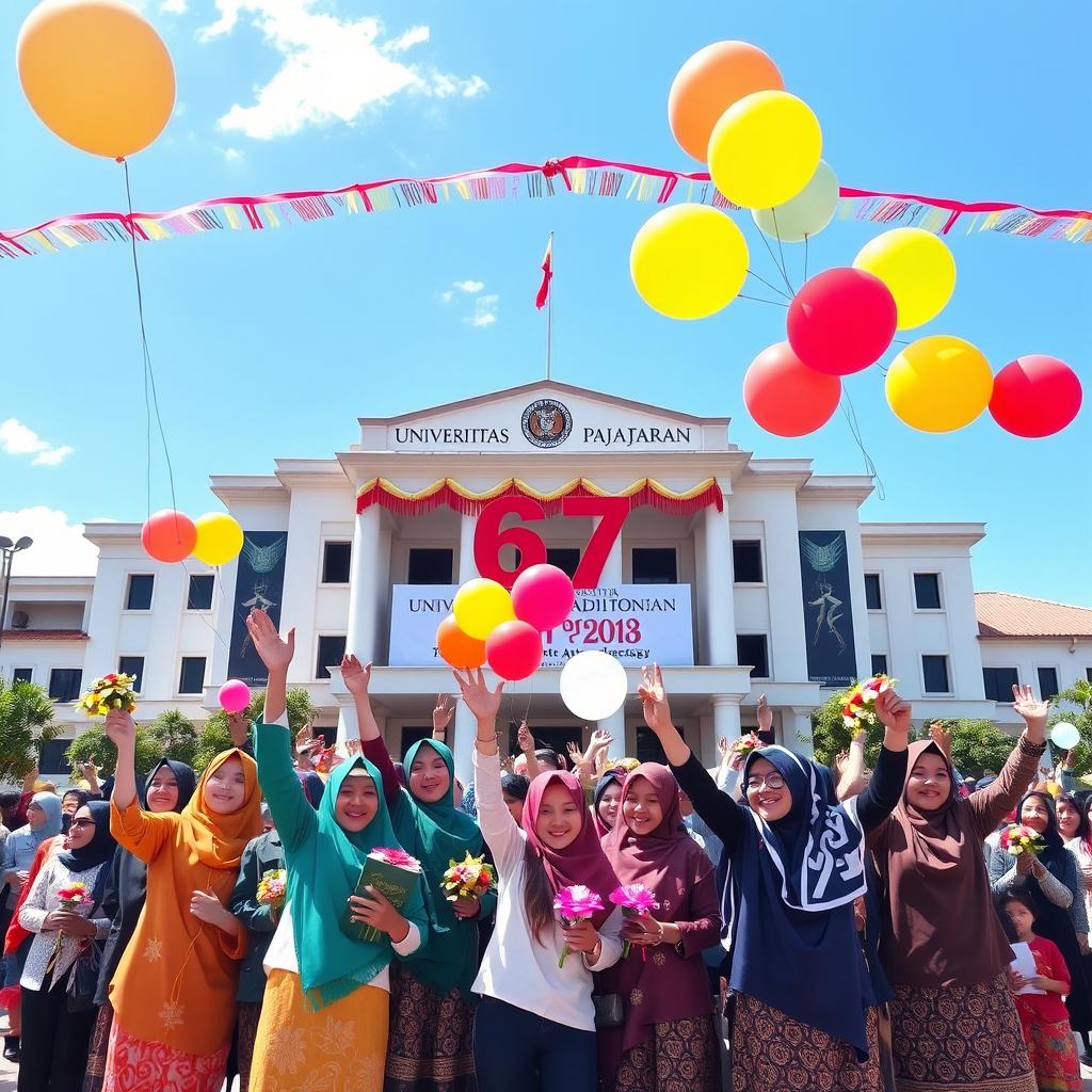 A vibrant celebration scene showcasing the 67th anniversary of Universitas Padjadjaran in Bandung, Indonesia