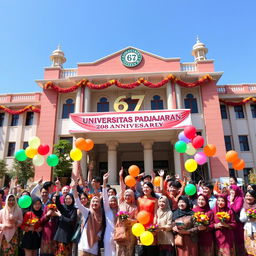 A vibrant celebration scene showcasing the 67th anniversary of Universitas Padjadjaran in Bandung, Indonesia