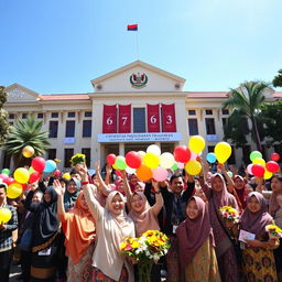 A vibrant celebration scene showcasing the 67th anniversary of Universitas Padjadjaran in Bandung, Indonesia