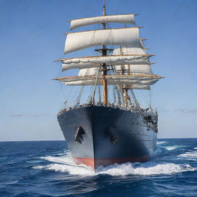 A close-up view of a large, majestic steel ship sailing independently in the vast azure ocean, demonstrating spectacular detail.