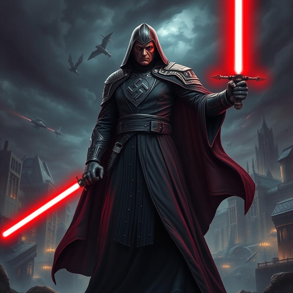 A fearsome Nazi Sith Lord, clad in a dark, intricate robe that blends World War II military aesthetics with Star Wars elements, such as a flowing cape and ornate shoulder plates