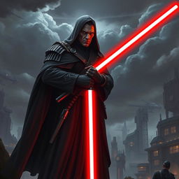 A fearsome Nazi Sith Lord, clad in a dark, intricate robe that blends World War II military aesthetics with Star Wars elements, such as a flowing cape and ornate shoulder plates