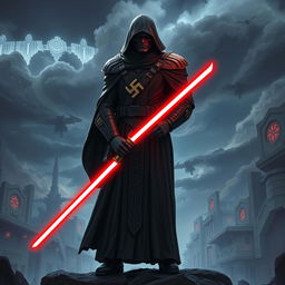 A fearsome Nazi Sith Lord, clad in a dark, intricate robe that blends World War II military aesthetics with Star Wars elements, such as a flowing cape and ornate shoulder plates