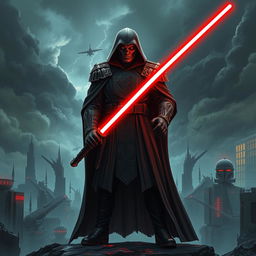 A fearsome Nazi Sith Lord, clad in a dark, intricate robe that blends World War II military aesthetics with Star Wars elements, such as a flowing cape and ornate shoulder plates