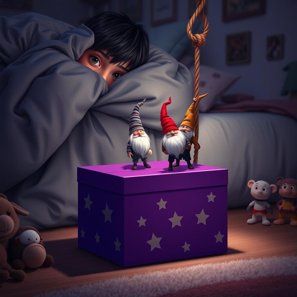 A cozy bedroom scene featuring a 9-year-old boy with black hair lying in bed, hidden under a blanket with only his eyes peeking out, filled with curiosity