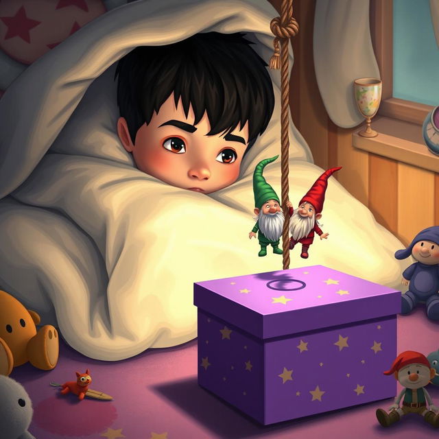 A cozy bedroom scene featuring a 9-year-old boy with black hair lying in bed, hidden under a blanket with only his eyes peeking out, filled with curiosity