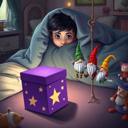 A cozy bedroom scene featuring a 9-year-old boy with black hair lying in bed, hidden under a blanket with only his eyes peeking out, filled with curiosity