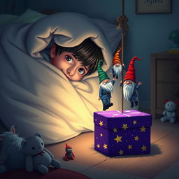 A cozy bedroom scene featuring a 9-year-old boy with black hair lying in bed, hidden under a blanket with only his eyes peeking out, filled with curiosity