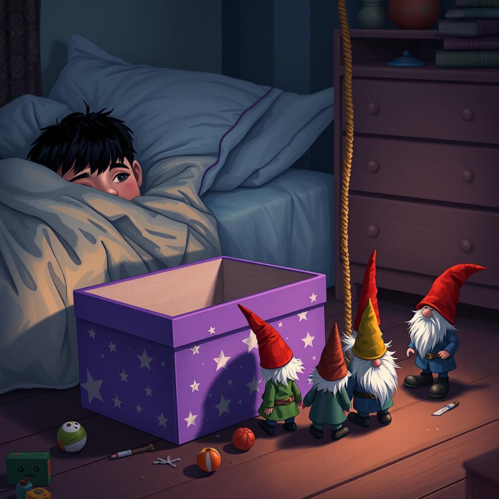 A cozy bedroom scene featuring a 9-year-old boy with black hair lying in bed, nestled under a blanket with only his eyes visible, observing the magical surroundings