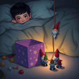 A cozy bedroom scene featuring a 9-year-old boy with black hair lying in bed, nestled under a blanket with only his eyes visible, observing the magical surroundings