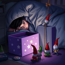 A cozy bedroom scene featuring a 9-year-old boy with black hair lying in bed, nestled under a blanket with only his eyes visible, observing the magical surroundings