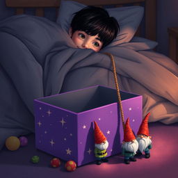 A cozy bedroom scene featuring a 9-year-old boy with black hair lying in bed, nestled under a blanket with only his eyes visible, observing the magical surroundings