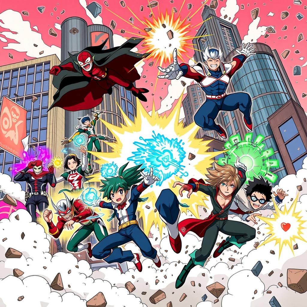 A dynamic and vibrant illustration of characters from 'My Hero Academia', showcasing iconic heroes and villains in a high-energy battle scene