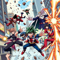 A dynamic and vibrant illustration of characters from 'My Hero Academia', showcasing iconic heroes and villains in a high-energy battle scene