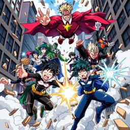 A dynamic and vibrant illustration of characters from 'My Hero Academia', showcasing iconic heroes and villains in a high-energy battle scene