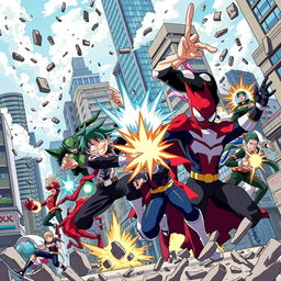 A dynamic and vibrant illustration of characters from 'My Hero Academia', showcasing iconic heroes and villains in a high-energy battle scene