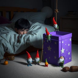 A cozy bedroom scene featuring a 9-year-old boy with black hair lying in bed, hidden under a blanket with only his eyes visible, curiously watching the room around him