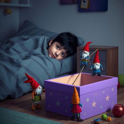 A cozy bedroom scene featuring a 9-year-old boy with black hair lying in bed, hidden under a blanket with only his eyes visible, curiously watching the room around him