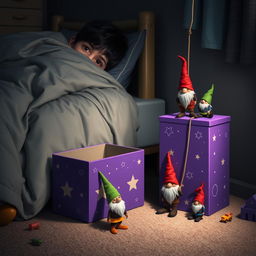 A cozy bedroom scene featuring a 9-year-old boy with black hair lying in bed, hidden under a blanket with only his eyes visible, curiously watching the room around him