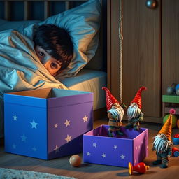 A cozy bedroom scene featuring a 9-year-old boy with black hair lying in bed, hidden under a blanket with only his eyes visible, curiously watching the room around him