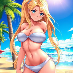 A captivating anime-style illustration of a hot woman with long, flowing blonde hair and striking blue eyes